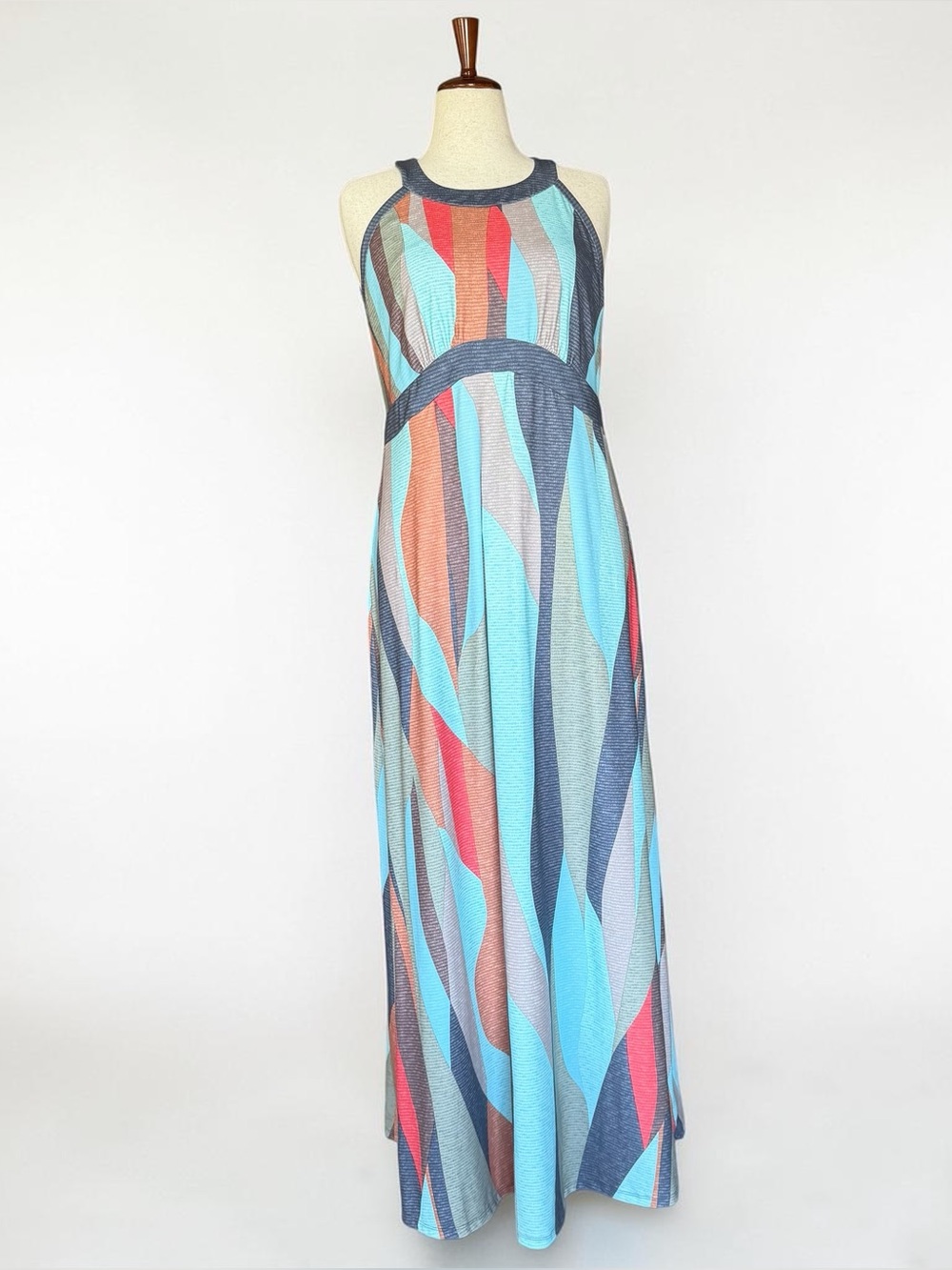 Prana Calexico Multicolor Wave Halter Maxi Dress - Turquoise & Coral